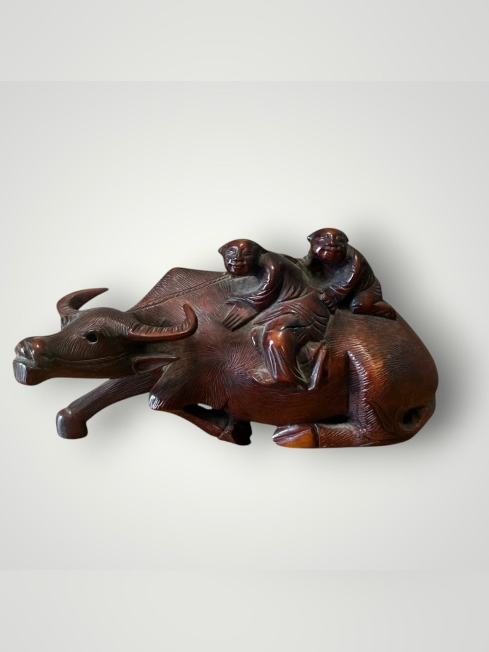 VINTAGE CHINESE CARVED WOOD FIGURE WATER BUFFALO OX WITH BOYS ON BACK(READ)